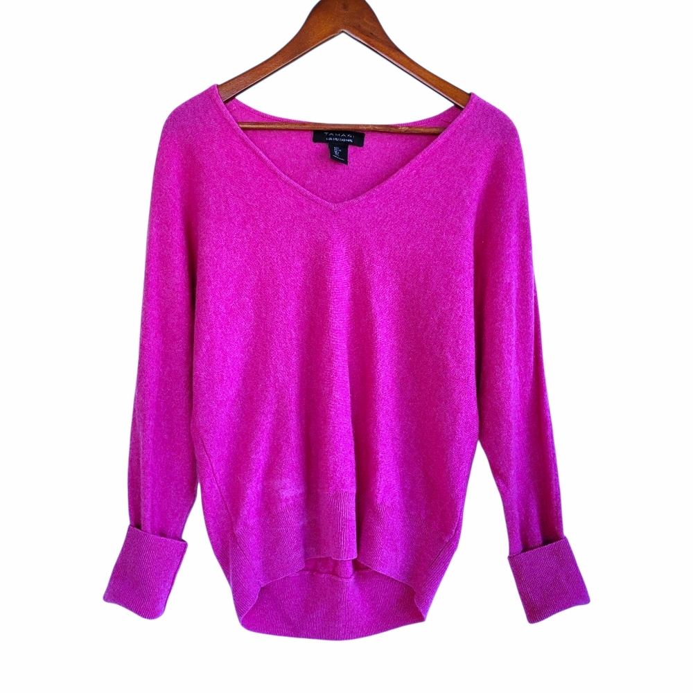Tahari 100% Cashmere 2-ply V-Neck Sweater Magenta Womens Large